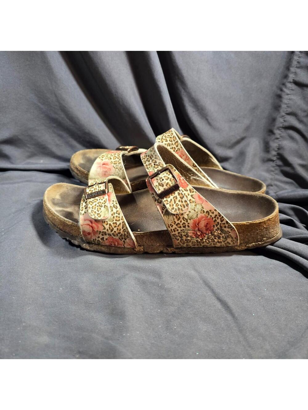 Birki's Arizona Cheetah Rose Design Cork Bed Sandal Slides Sz 38 Animal Print